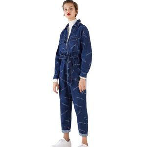Bershka women's denim jumpsuit size XS dark wash pretty sure graphic zip front